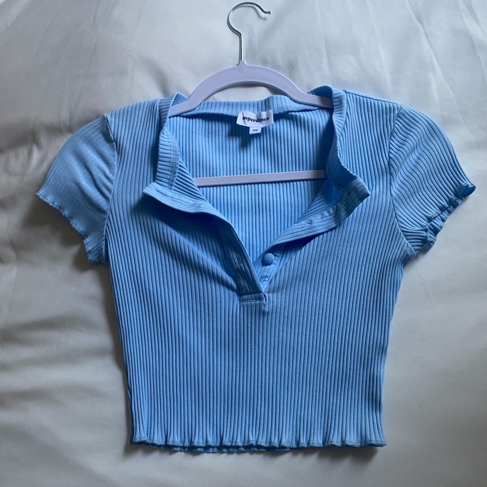 Superdown Blue Polo Crop Top